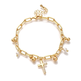 Cross Brass Micro Pave Clear Cubic Zirconia Cable Chain Bracelets For Women, with ABS Imitation Pearl