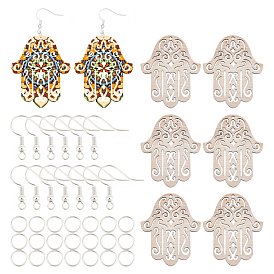 SUNNYCLUE DIY Earrings Kits, with Undyed Wooden Pendants, Silver Plated Brass Earring Hooks, Hamsa Hand/Hand of Fatima /Hand of Miriam