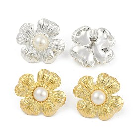 Flower Brass Stud Earrings, with Plastic Imitation Pearl