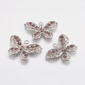 Alloy Rhinestone Pendants, Cadmium Free & Lead Free, Butterfly, 32x21x4mm, Hole: 1.5mm