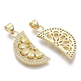 Brass Micro Pave Cubic Zirconia Pendants, with Brass Snap On Bails, Nickel Free, Half Round, Clear & Yellow