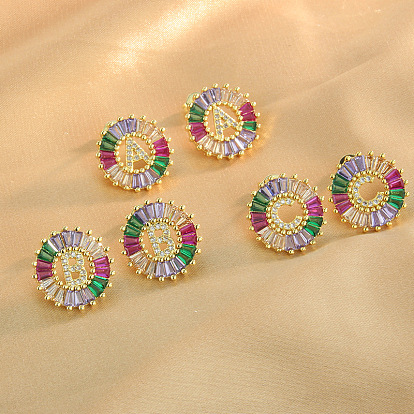 Серьги-гвоздики из латуни с разноцветными кубическими цирконами, плоско-круглые, золотые