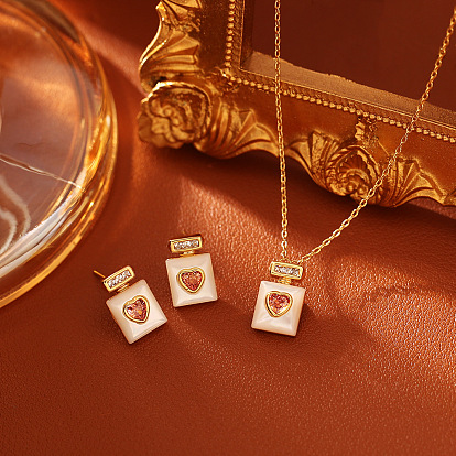 Серьги-гвоздики из латуни, натуральной раковины и кубического циркония., Флакон духов с сердечком