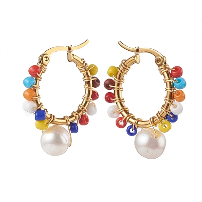 304 Stainless Steel Beaded Hoop Earrings, with Glass Seed Beads and Natural Pearl Beads, Ring, Golden