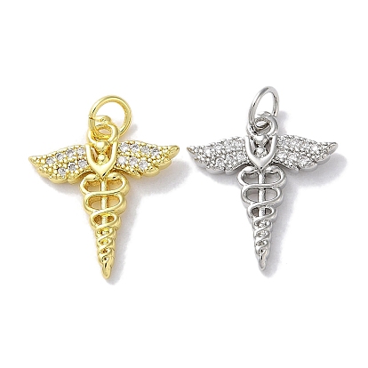 Rack Plating Brass Micro Pave Clear Cubic Zirconia Pendants, Long-Lasting Plated, Lead Free & Cadmium Free, Wing