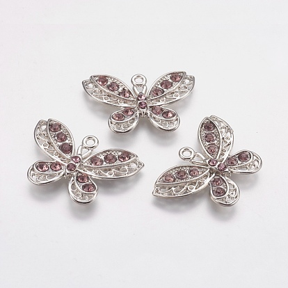 Alloy Rhinestone Pendants, Cadmium Free & Lead Free, Butterfly, 32x21x4mm, Hole: 1.5mm