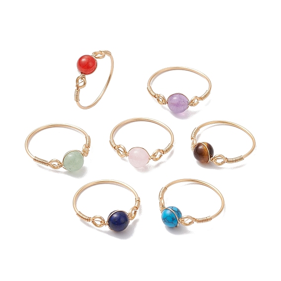 7 шт 7 стили круглые чакры натуральные и синтетические драгоценные камни бусины кольца, с экологически чистой медной проволокой