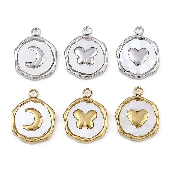 Натуральный белый оболочки подвески, плоские круглые подвески с лунными сердечками и бабочками, с 304 установками из нержавеющей стали, ионное покрытие (ip)