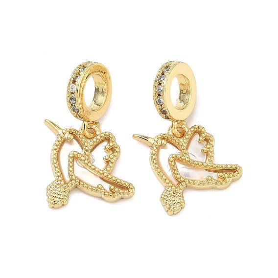 Латунь микропаве прозрачный кубический цирконий европейские подвески с подвесками, Подвески в виде птиц с большими отверстиями и натуральными ракушками., стойки покрытие, долговечный, без свинца и без кадмия