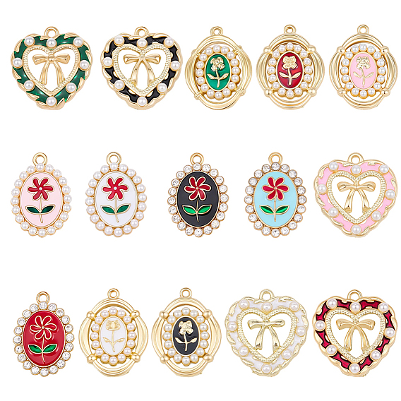 30Pcs 15 Styles Alloy Enamel Pendants, with Plastic Beads/Rhinestone, Golden
