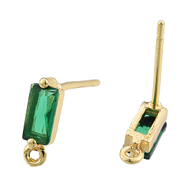 Brass Pave Green Cubic Zirconia Stud Earring Findings, with Horizontal Loops, Rectangle, Nickel Free