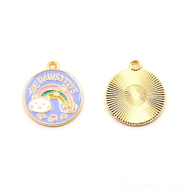 Alloy Enamel Pendants, Golden, Flat Round with Rainbow & Cat