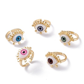 Brass Cuff Rings, Open Rings, with Resin Beads, Long-Lasting Plated, Real 18K Gold Plated, Evil Eye