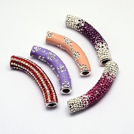 Polymer Clay Pave Rhinestone Beads, with 925 Sterling Silver Cores, Curved Tube Noodle Beads