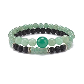 2Pcs 2 Style Natural Green Aventurine & Lava Rock Stretch Bracelets Set, Essential Oil Gemstone Jewelry for Women