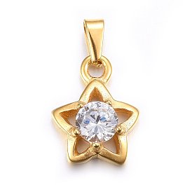 304 Stainless Steel Pendants, with Cubic Zirconia, Star