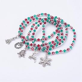 Christmas Themed Charm Bracelets, with Iron, Faceted Glass Beads and Alloy Pendants