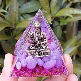 Orgonite Pyramid Resin Energy Generators, Reiki Natural Lilac Jade Chips & Alloy Buddha Inside for Home Office Desk Decoration