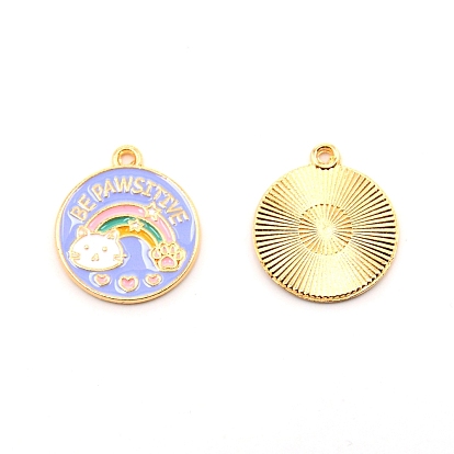 Alloy Enamel Pendants, Golden, Flat Round with Rainbow & Cat