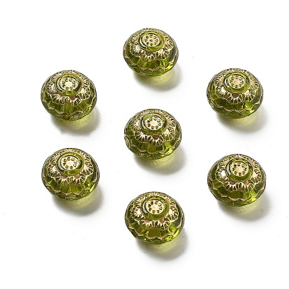 Transparent Acrylic Beads, Golden Metal Enlaced, Flat Round with Flower