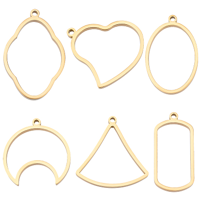 6Pcs 6 Styles Ion Plating(IP) 304 Stainless Steel Open Back Bezel Pendants, For DIY UV Resin, Epoxy Resin, Pressed Flower Jewelry, Moon & Flower & Oval & Ginkgo Leaf & Heart & Rectangle