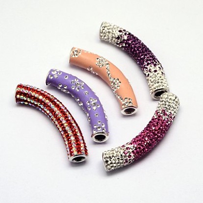 Polymer Clay Pave Rhinestone Beads, with 925 Sterling Silver Cores, Curved Tube Noodle Beads