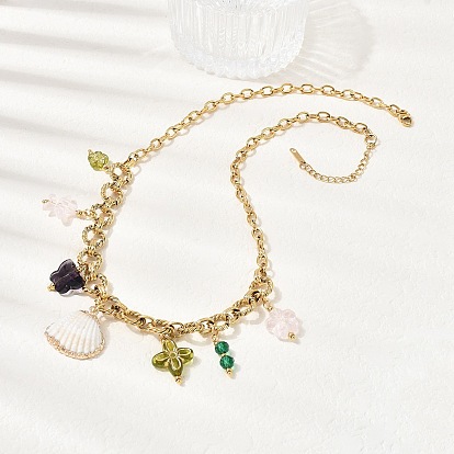 Подвеска в виде цветка-бабочки из натуральной ракушки и стекла с гальваническим покрытием 304 цепочки из нержавеющей стали для женщин, красочный