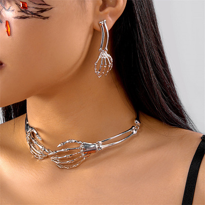 Ожерелья с подвесками и серьги-гвоздики из сплава для женщин, хэллоуин рука скелета