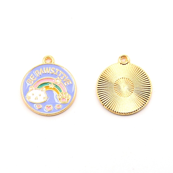 Alloy Enamel Pendants, Golden, Flat Round with Rainbow & Cat