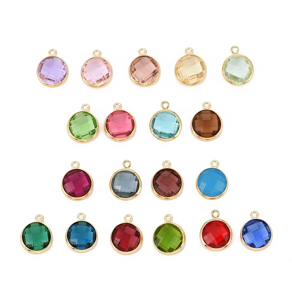 Glass Charms, with Brass Findings, Long-Lasting Plated, Lead Free & Nickel Free & Cadmium Free, Faceted Flat Round