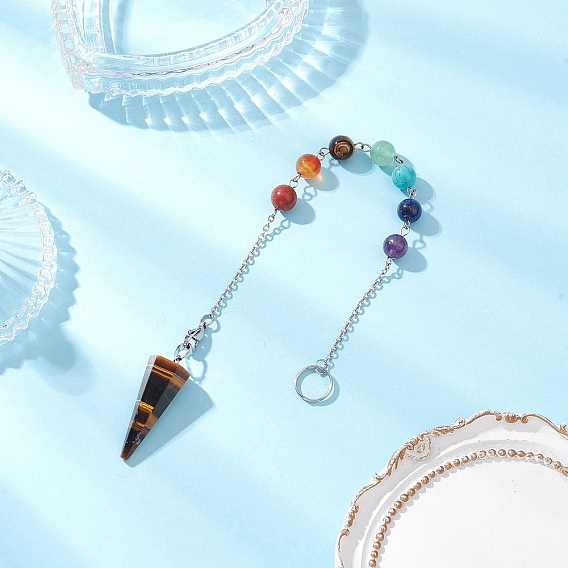 Подвеска-конус из натурального тигрового глаза, маятники для биолокации, с круглыми бусинами из натуральных и синтетических драгоценных камней чакры