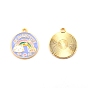 Alloy Enamel Pendants, Golden, Flat Round with Rainbow & Cat