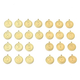 304 Stainless Steel Pendants, Real 18K Gold Plated, Flat Round with Letter Charm
