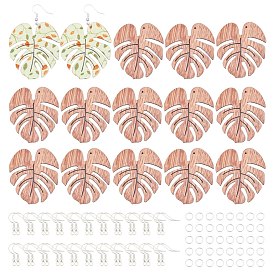 SUNNYCLUE DIY Earrings Kits, with Undyed Wooden Pendants, Tropical Leaf Charms, Silver Plated Brass Jump Rings & Earring Hooks, Monstera Leaf