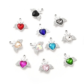 Alloy Glass Pendants, Crystal Rhinestone Heart with Wing Charm, Platinum