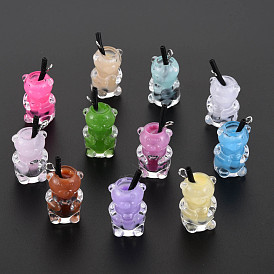 Imitation Bubble Tea/Boba Milk Tea Opaque Resin Pendants, Boba Polymer Clay inside, with Acrylic Cup and Iron Finding, Bear