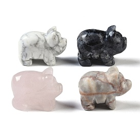 Natural Mixed Gemstone Carved Pig Figurines, for Home Office Desktop Feng Shui Ornament