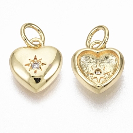 Brass Micro Pave Cubic Zirconia Charms, with Jump Ring, Nickel Free, Heart with Star, Clear
