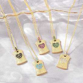 Collares ajustables con colgante rectangular de corazón y circonitas cúbicas micro pavé de latón., sin plomo y cadmio, chapado en rack, larga duración plateado, real 18 k chapado en oro