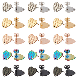 Unicraftale 30Pcs 5 Colors Ion Plating(IP) 304 Stainless Steel Stud Earring Findings, with Ear Nuts/Earring Backs and Hole, Textured Heart Shape with Cross Grain