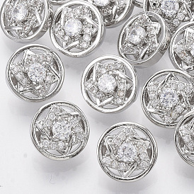 Brass Shank Buttons, with Micro Pave Cubic Zirconia, Flat Round with Star, Clear