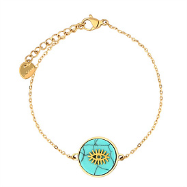 Collier pendentif rond plat turquoise naturel avec oeil, avec des chaînes en acier inoxydable