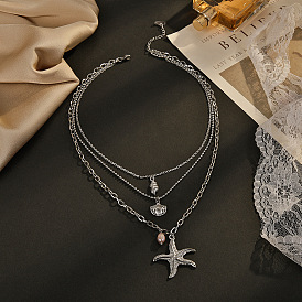Stylish 14K Triple Layer Pearl Starfish Necklace with Shell and Stainless Steel Accent