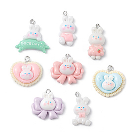 Opaque Resin Pendants, Rabbit Charms, with Platinum Tone Iron Loops