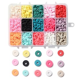 150g 15 couleurs perles d'argile polymère faites à la main, perles heishi, pour les fournitures de bricolage bijoux artisanat, disque / plat rond