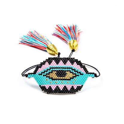 Miyuki Seed Braided Bead Bracelet with Double Tassel, Hexagon with Evil Eye Lucky Ethnic Style Bracelet for Women