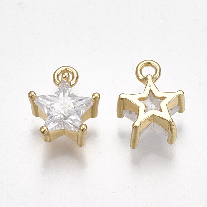 Brass Cubic Zirconia Charms, Star, Clear, Real 18K Gold Plated