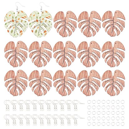 Kits de boucles d'oreilles bricolage, avec des pendentifs en bois non teint, charmes de feuilles tropicales, anneaux de saut et crochets pour boucles d'oreilles en laiton plaqué argent, feuille de monstera