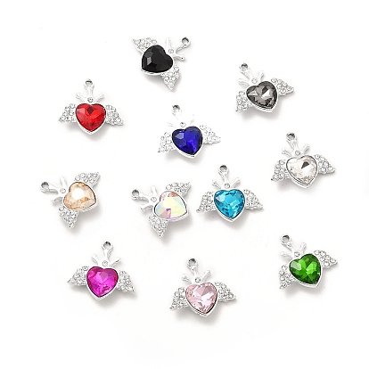 Alloy Glass Pendants, Crystal Rhinestone Heart with Wing Charm, Platinum