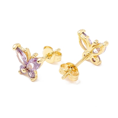 Brass Micro Pave Cubic Zirconia Stud Earring, 
Real 18K Gold Plated, Butterfly